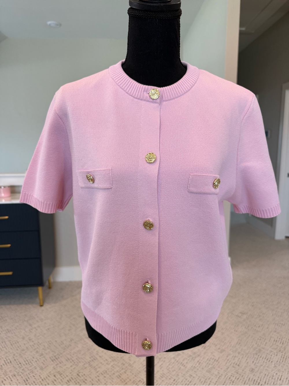 Zara Pink Short Sleeve Knit Cardigan with Gold Buttons
